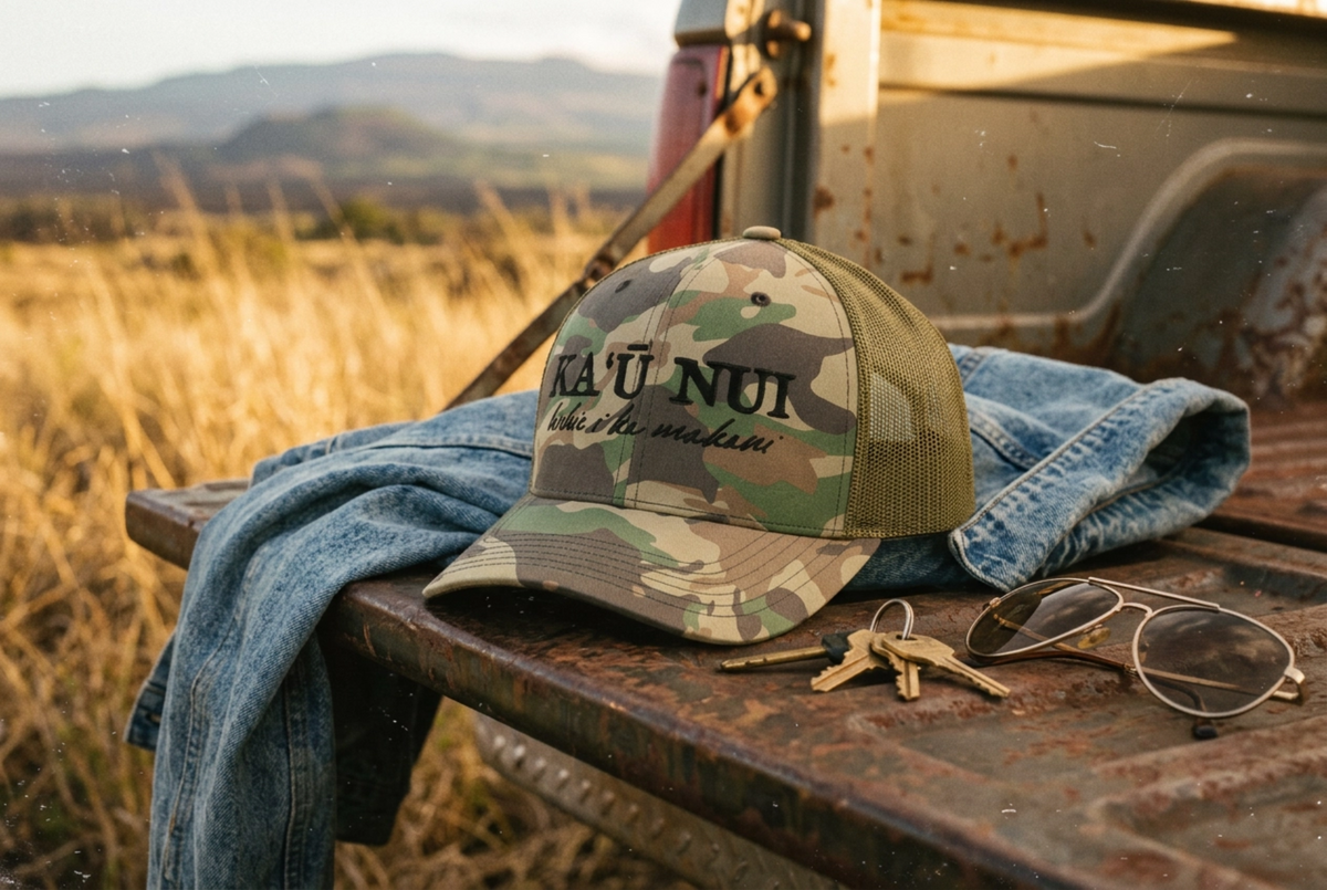 Kau Nui Camo Hat Hawaiian Embroidered Cap Ka'u Hawaii Gift Camouflage Dad Hat Pacific Island Hat Local Hawaii Clothing Gift for Him Her Mens