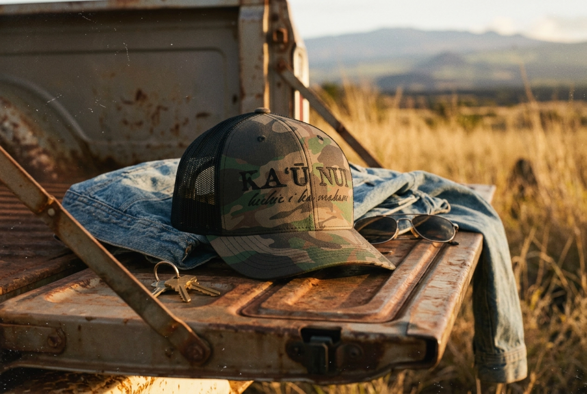 Kau Nui Camo Hat Hawaiian Embroidered Cap Ka'u Hawaii Gift Camouflage Dad Hat Pacific Island Hat Local Hawaii Clothing Gift for Him Her Mens