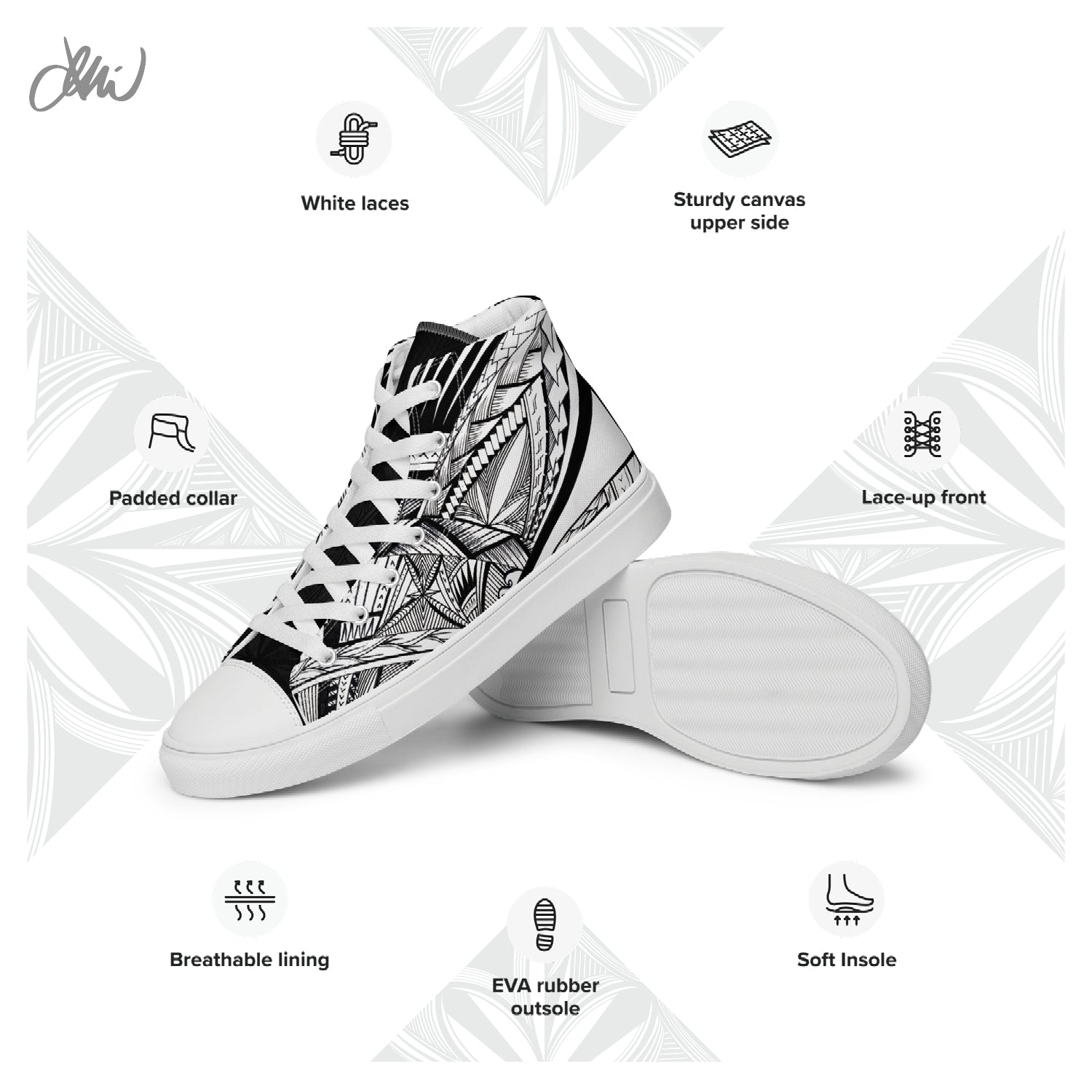 Samoa Tatau Black White Women’s high top canvas shoes