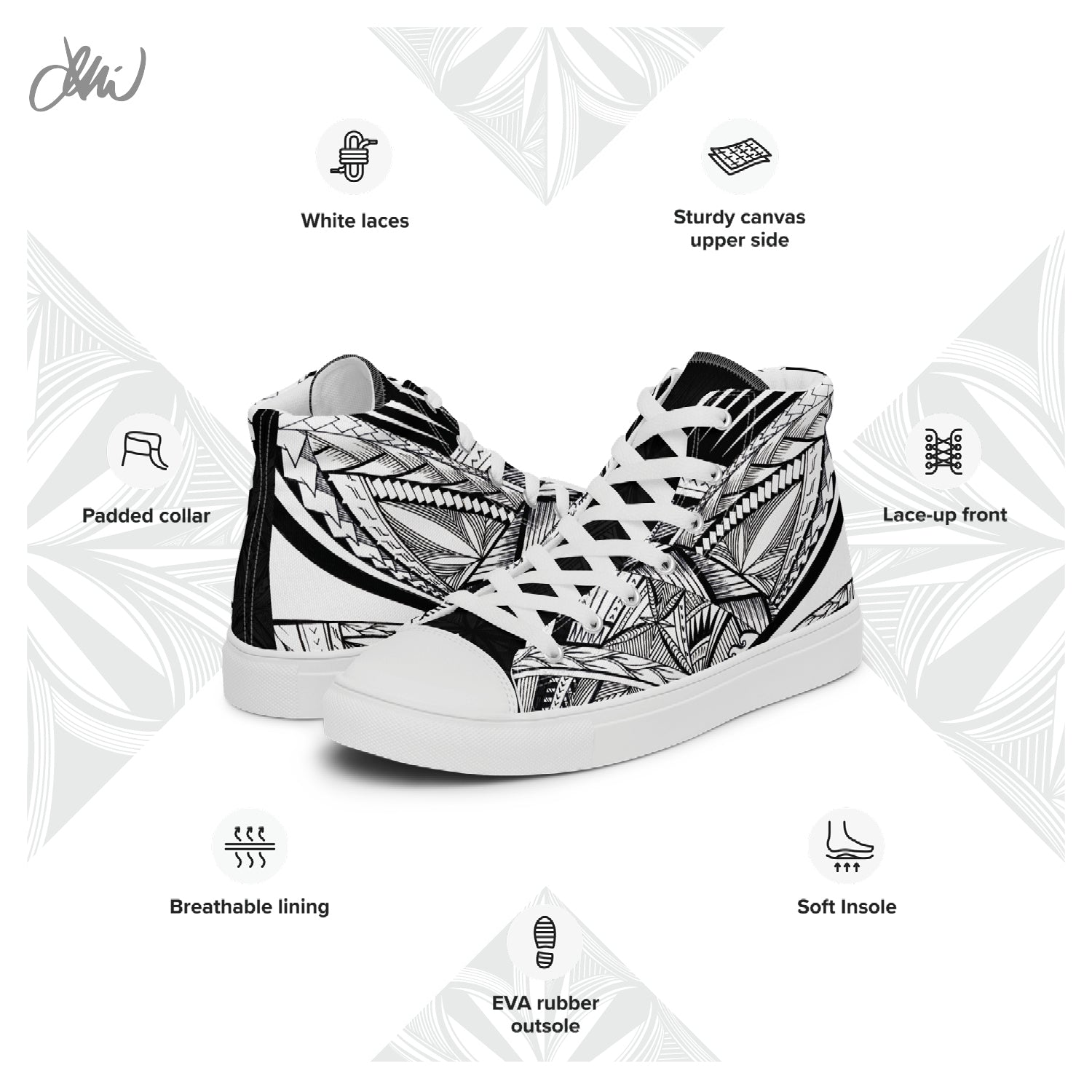Samoa Tatau Black White Women’s high top canvas shoes