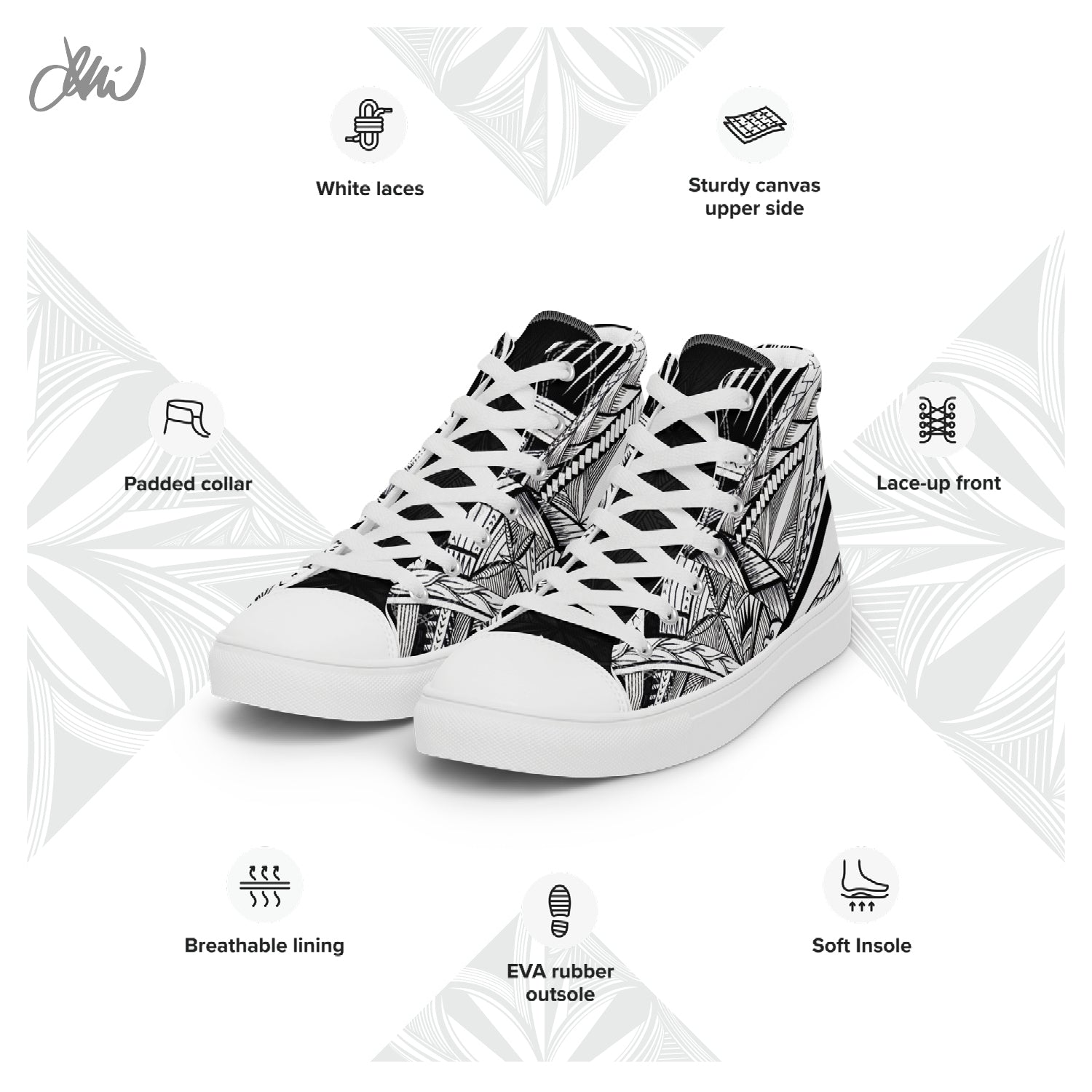 Samoa Tatau Black White Women’s high top canvas shoes