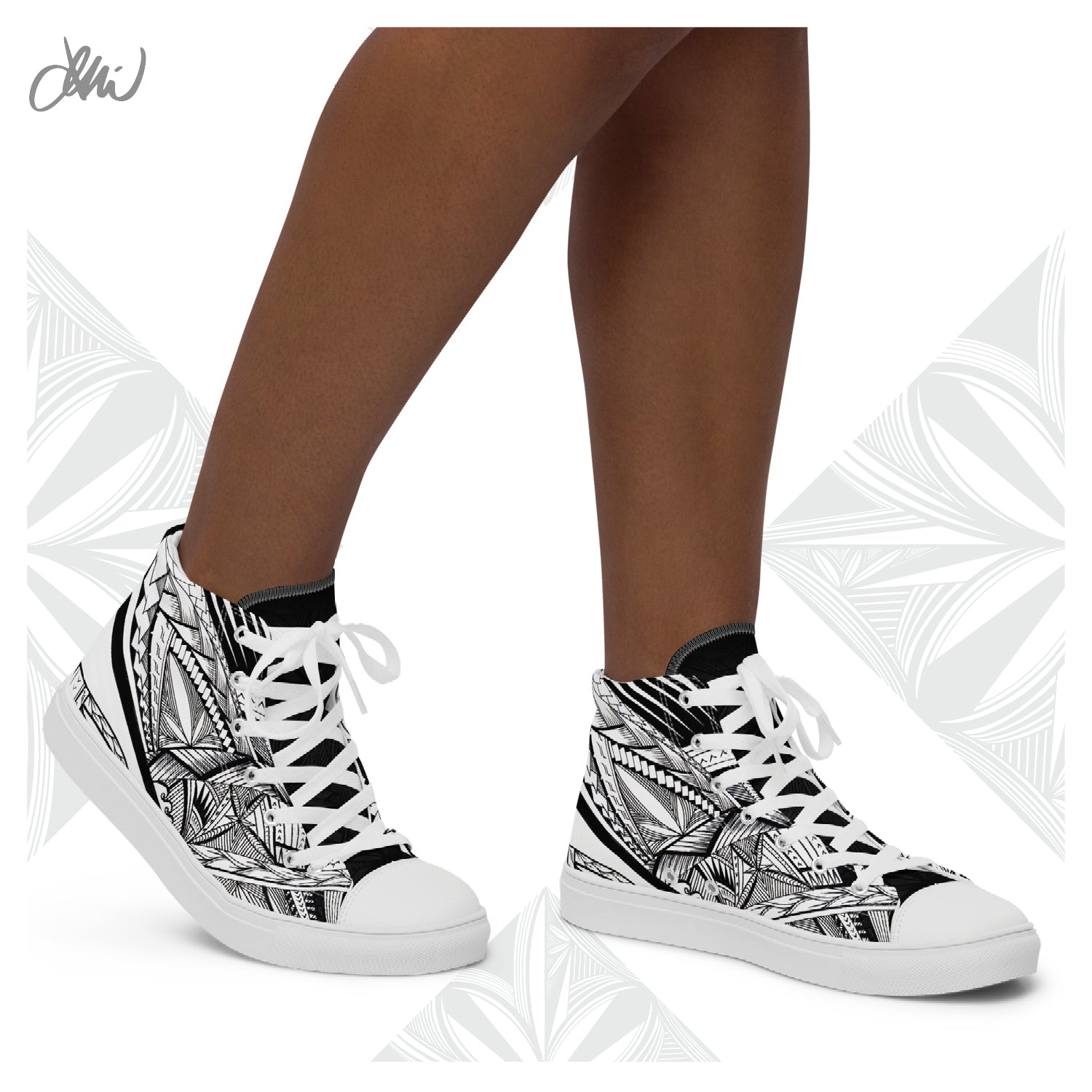 Samoa Tatau Black White Women’s high top canvas shoes