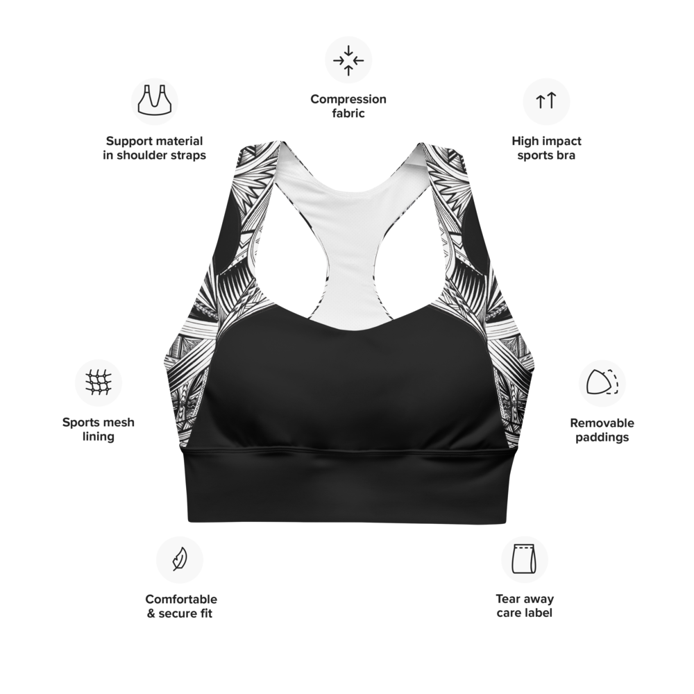 Samoan Black White Tatau Strip sports bra