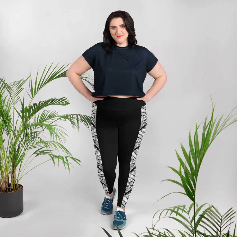 Black White Samoa Tapa Stripe All-Over Print Plus Size Leggings