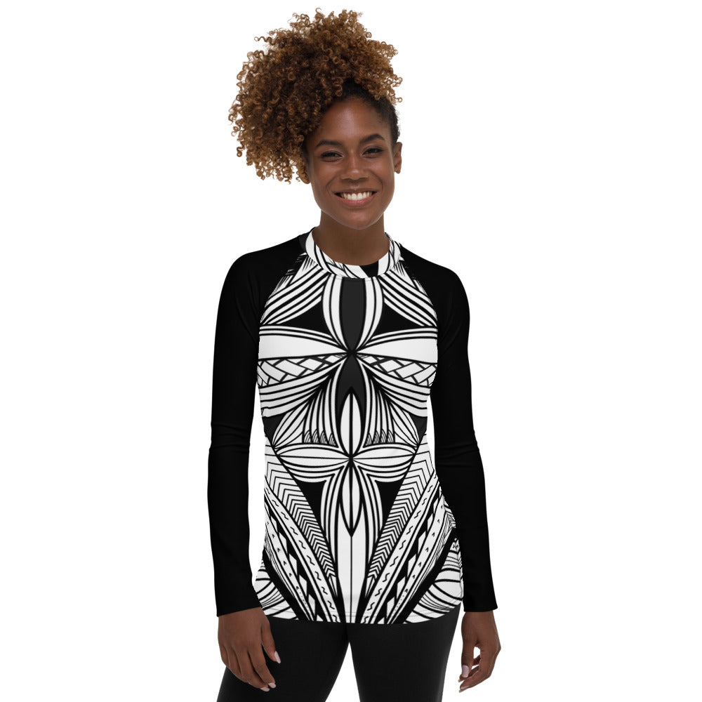Black White Tapa Kapa Women's Rash Guard
