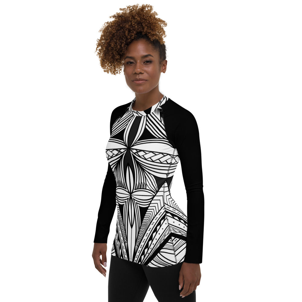 Black White Tapa Kapa Women's Rash Guard