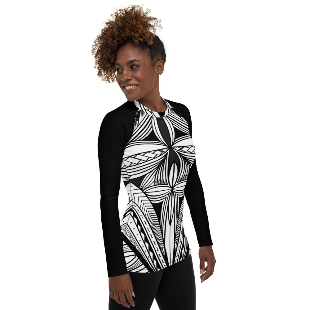 Black White Tapa Kapa Women's Rash Guard