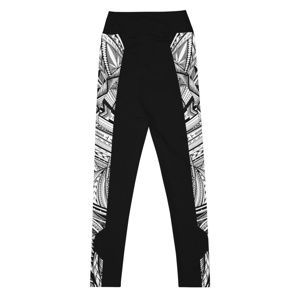 Samoan Black White Tatau Strip Yoga Leggings