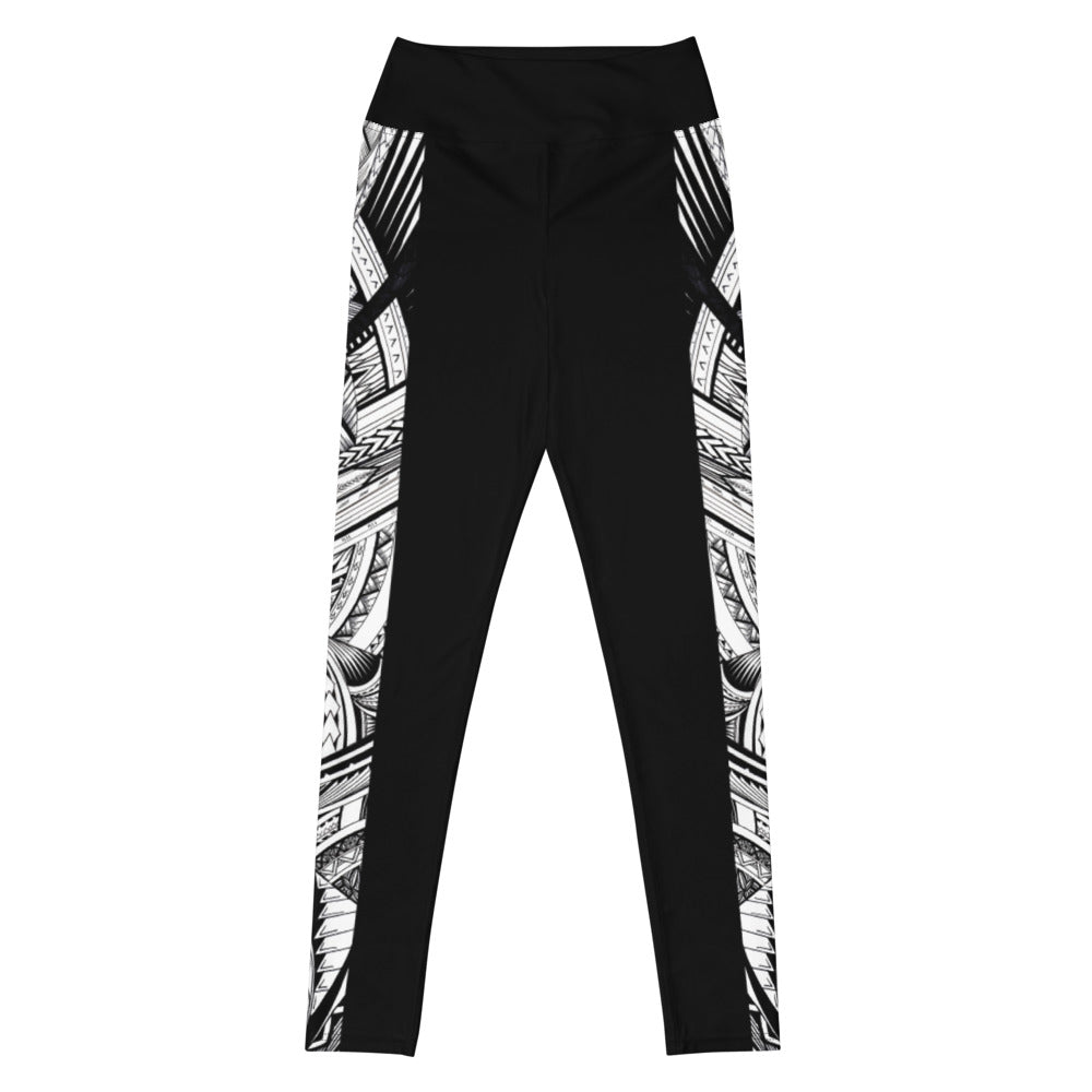 Samoan Black White Tatau Strip Yoga Leggings