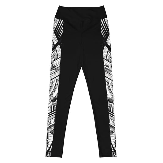 Samoan Black White Tatau Strip Yoga Leggings