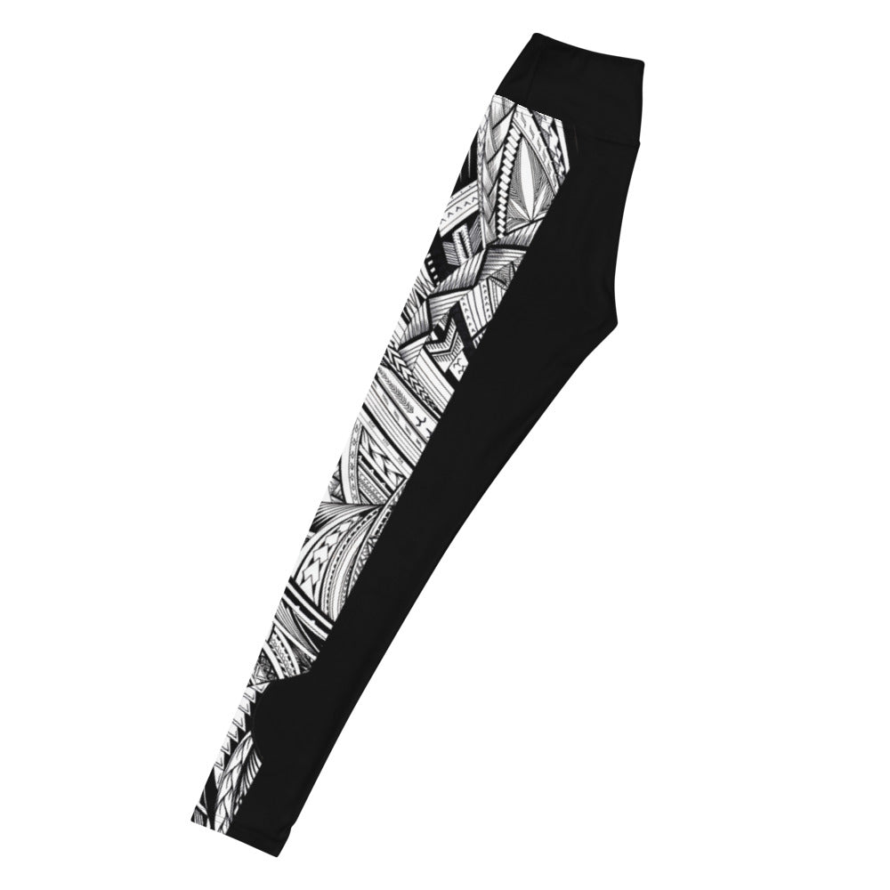 Samoan Black White Tatau Strip Yoga Leggings