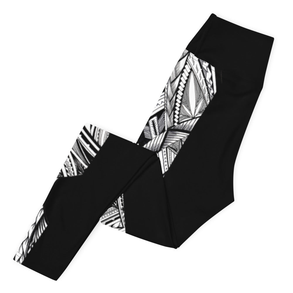 Samoan Black White Tatau Strip Yoga Leggings