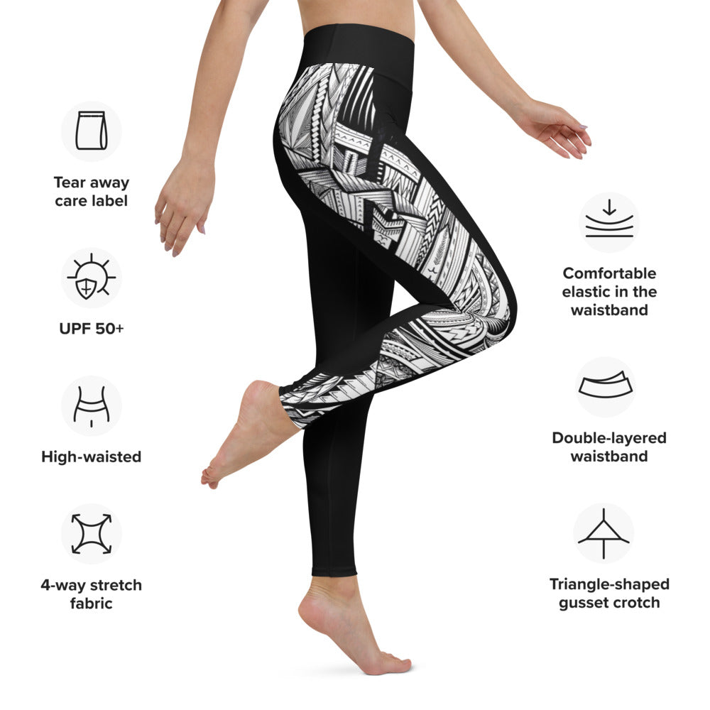 Samoan Black White Tatau Strip Yoga Leggings
