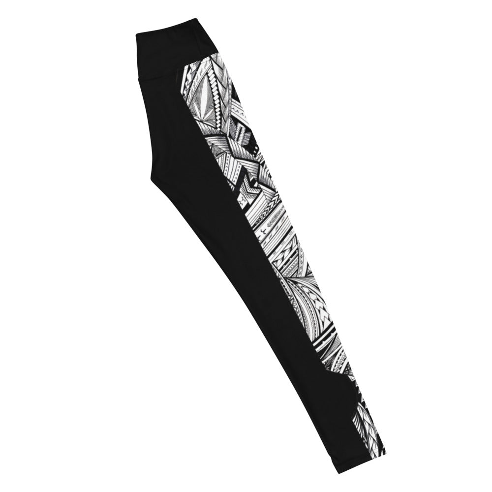 Samoan Black White Tatau Strip Yoga Leggings