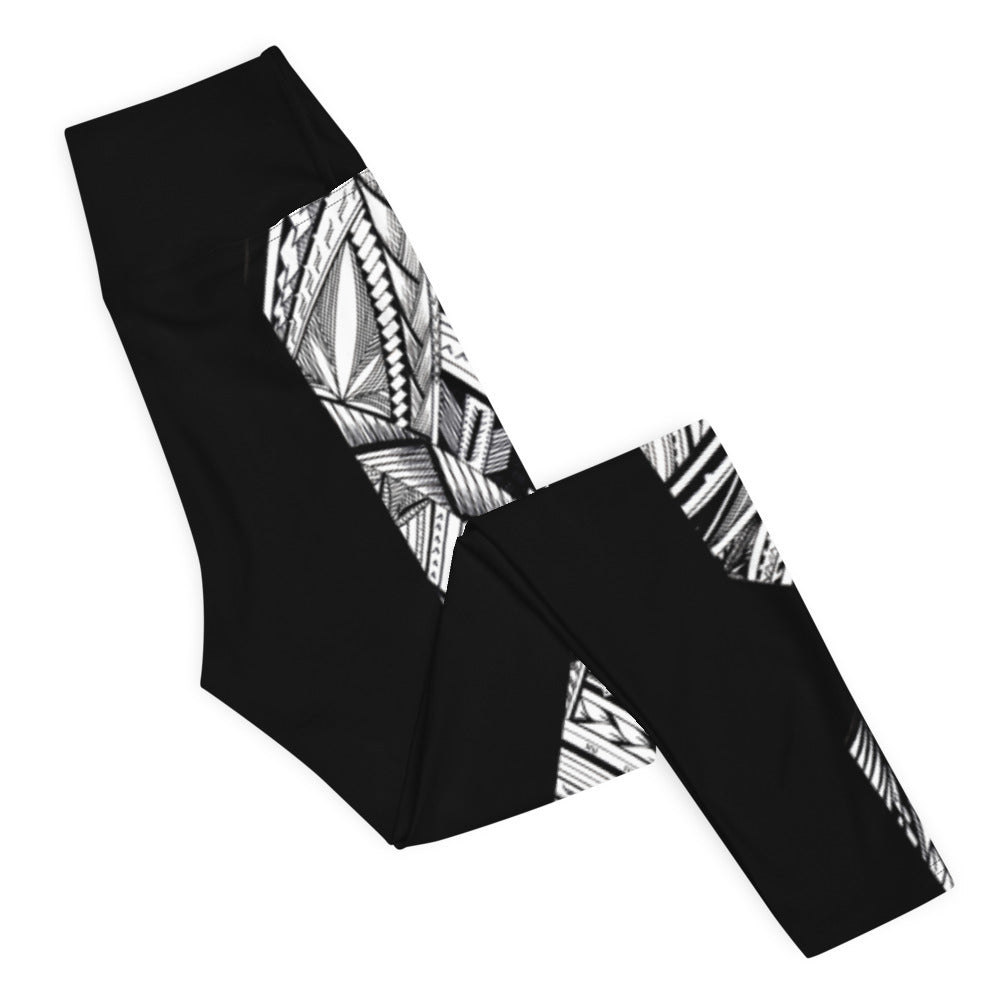 Samoan Black White Tatau Strip Yoga Leggings